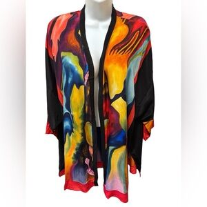 VTG Dilemma by Dhun Shroff 100% Silk Abstract Art To Wear Kimono Cardigan OS NWT